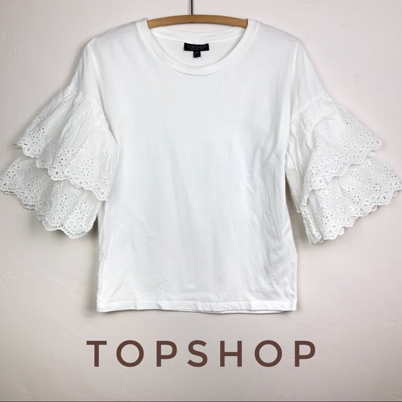 TOPSHOP White Eyelet Double Layer Sleeve Tee Shirt - Picture 15 of 15
